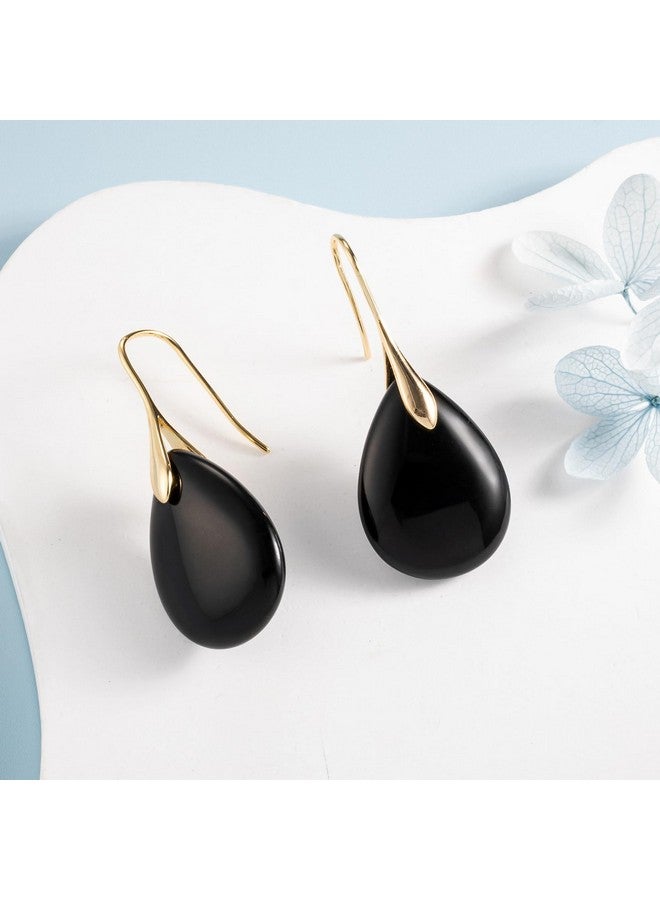 SELOVO Black Agate Teardrop Stone Drop Earrings Dangle Earrings Gold Tone - Image 2