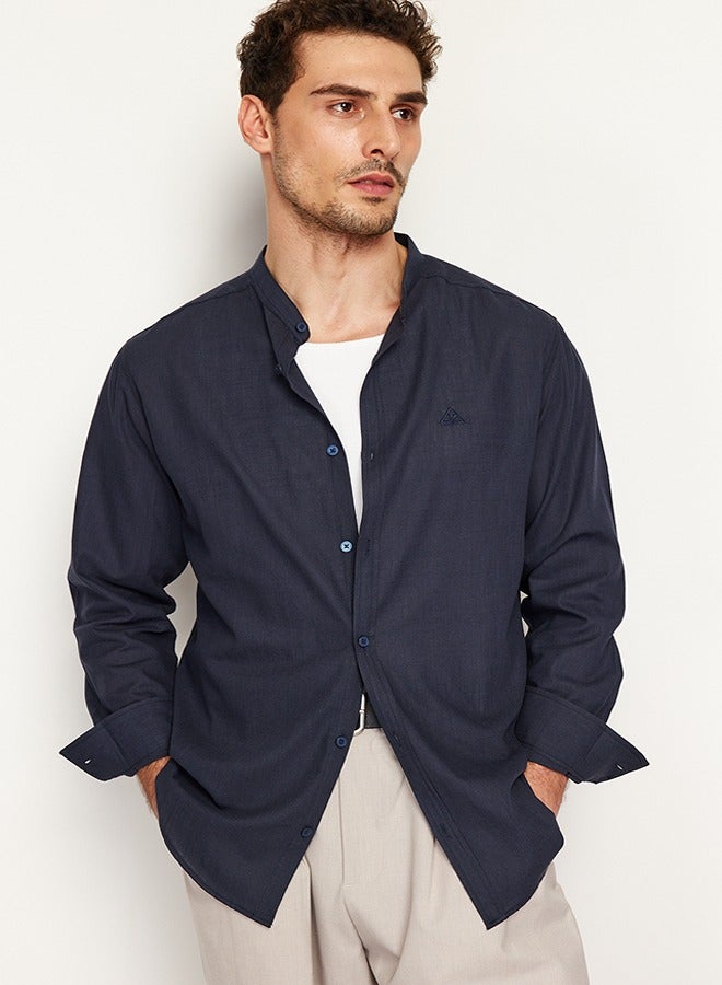 trendyol Navy Blue Regular Fit Collar 100% Cotton Shirt with Embroidery Detail TMNSS24GO00009 - Image 1