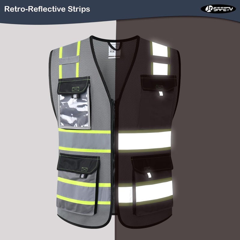 JKSafety Hi Vis Reflective Safety Vests for Men Women High Visibility Vest with Pockets Mesh Fabric Construction Safety Apparel Neon Vest for Work (220-Grey L) - Image 2