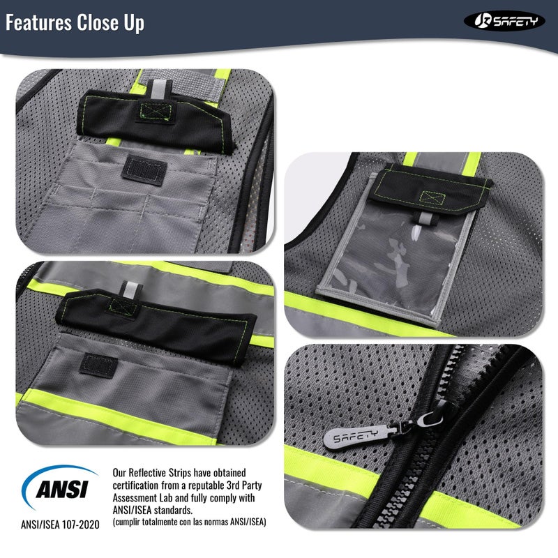 JKSafety Hi Vis Reflective Safety Vests for Men Women High Visibility Vest with Pockets Mesh Fabric Construction Safety Apparel Neon Vest for Work (220-Grey L) - Image 3