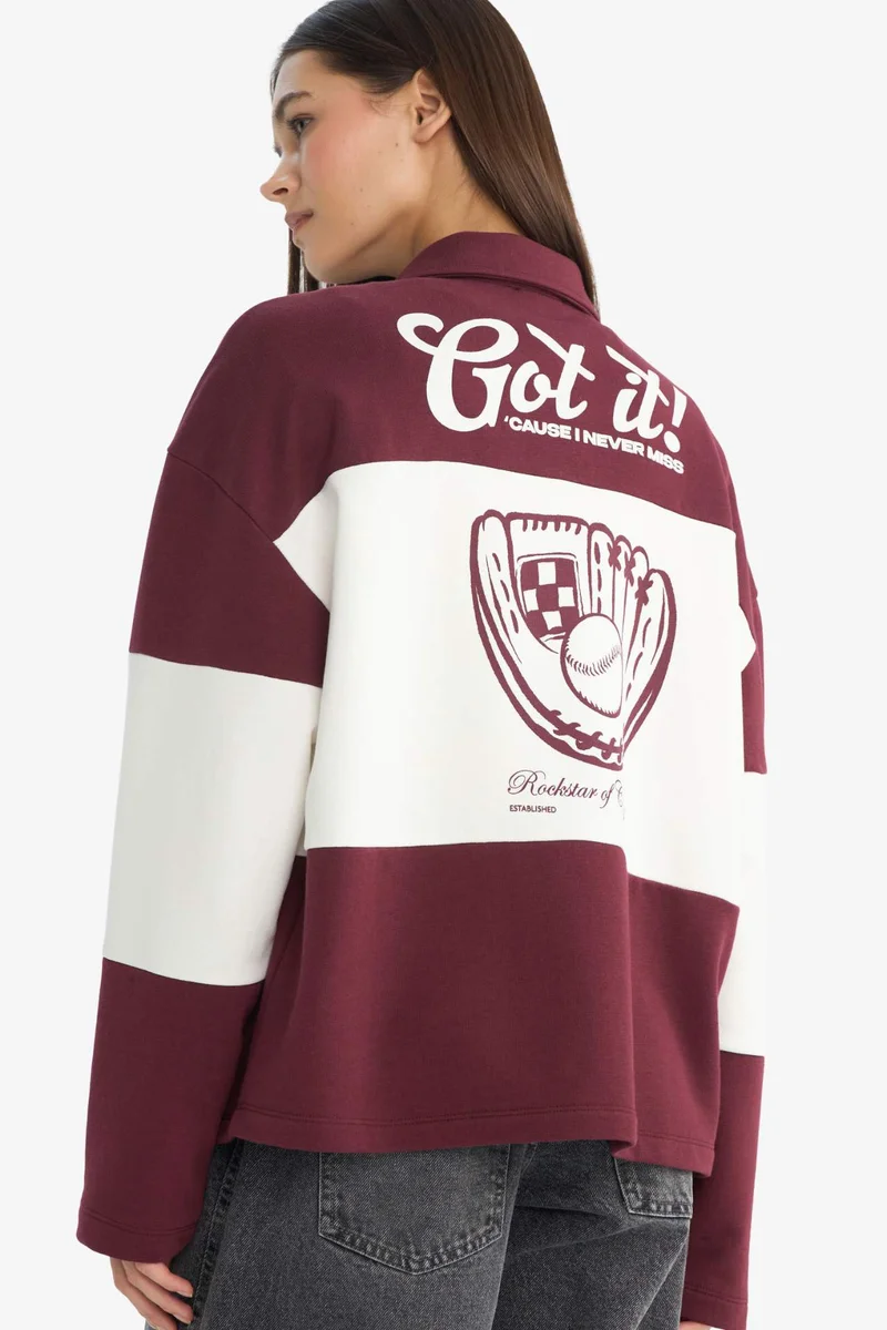 DeFacto Regular Fit Printed Polo Collar Sweatshirt