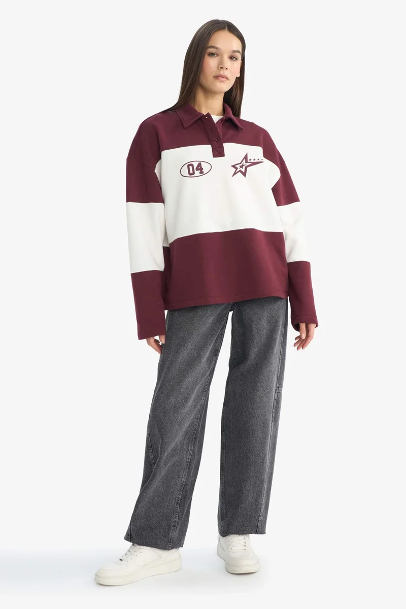 DeFacto Regular Fit Printed Polo Collar Sweatshirt