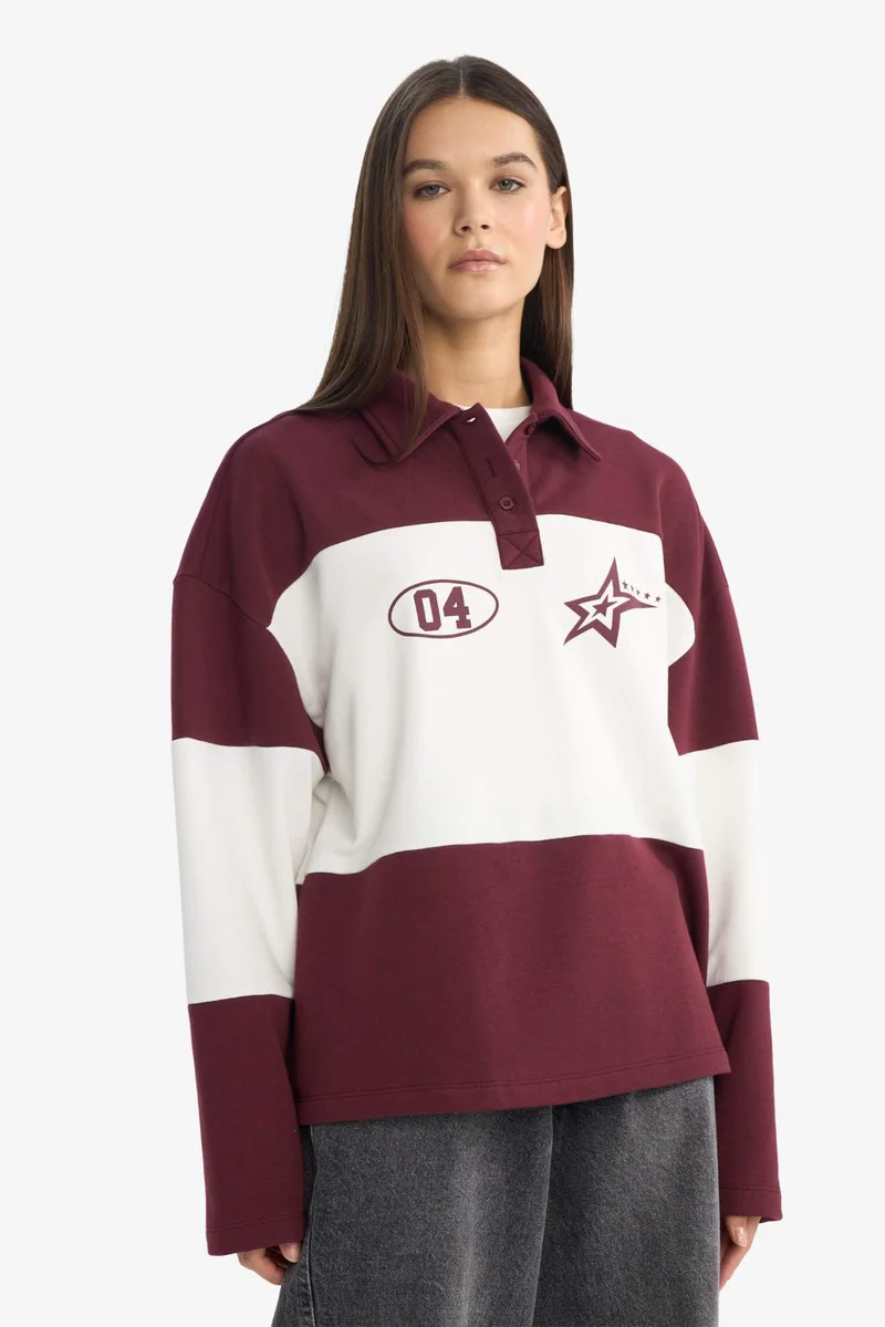 DeFacto Regular Fit Printed Polo Collar Sweatshirt