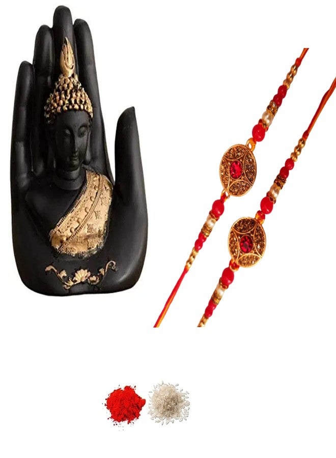 CRAFTOMANIC لؤلؤة فاخرة تقليدية، Rudraksh Multi Designer Rakhi للأخ، Raksha Bandhan Rakhi، Roli Tilak مع تمثال بوذا اليد مجموعة Dora Rakhi للأخ مع Roli Chawal