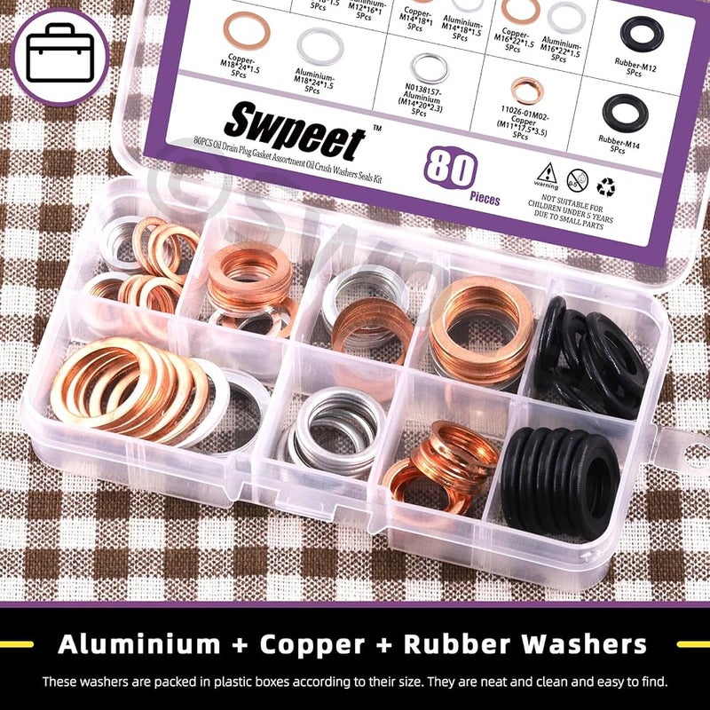 Swpeet 80Pcs 14 Types Oil Drain Plug Gasket Assortment Kit, Aluminum/Copper/Rubber Oil Crush Washers Seals Kit Compatible with Toyota Honda Subaru VW Audi Mercedes Benz - Image 3