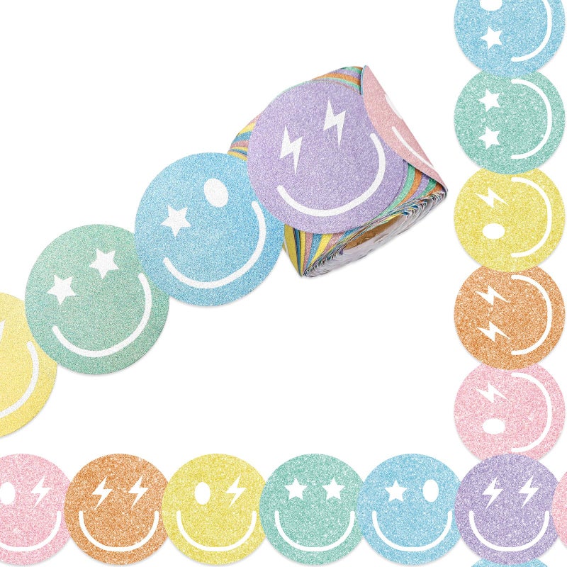 Whaline 656ft Preppy Happy Face Bulletin Board Borders Glitter Pastel Smile Face DieCut Border Trim for Chalkboard Wall Decoration