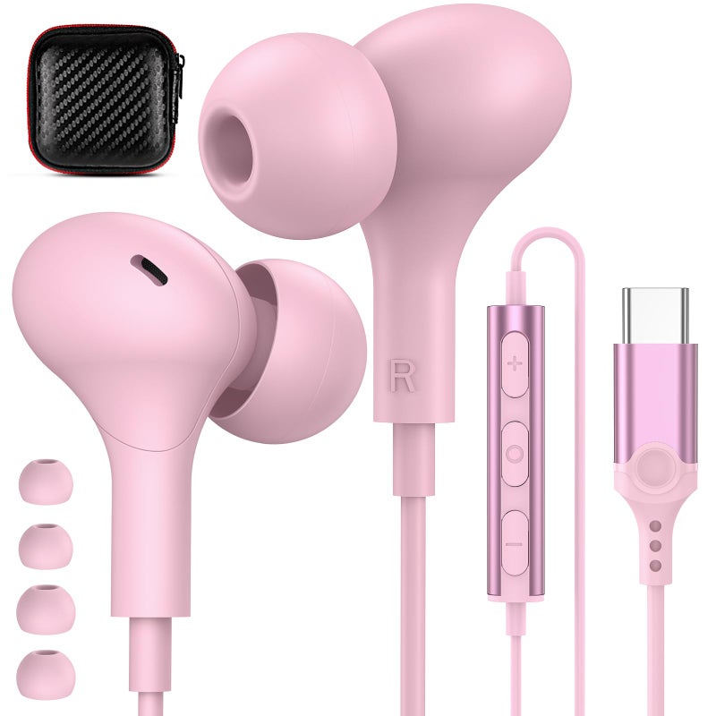 APETOO USB C Headphones for iPhone 17 16 15 Plus/Galaxy S26 S25 Wired Earbuds with Microphone for Samsung S24 S23 S22 S21 S20 Ultra, Magnetic Noise Canceling in-Ear Type C Earphone for iPad 10/Pixel 8a, Pink - Image 1