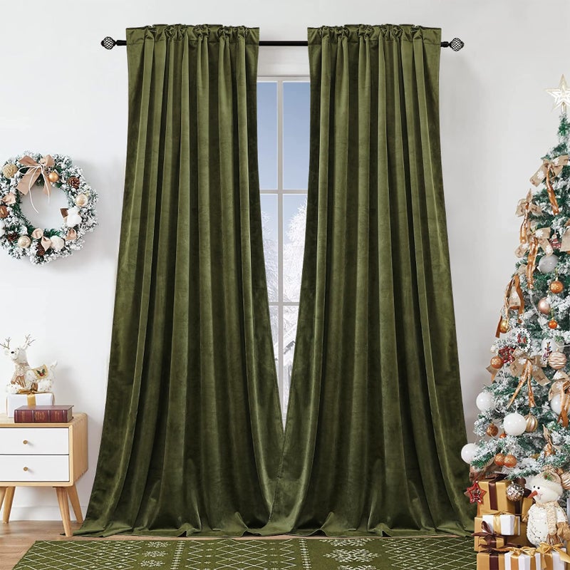 Dchola Olive Green Velvet Curtains for Bedroom Window, Super Soft Vintage Luxury Heavy Drapes, Room Darkening Rod Pocket Curtain for Living Room, W52 by L84 inches, 2 Panels - Image 1