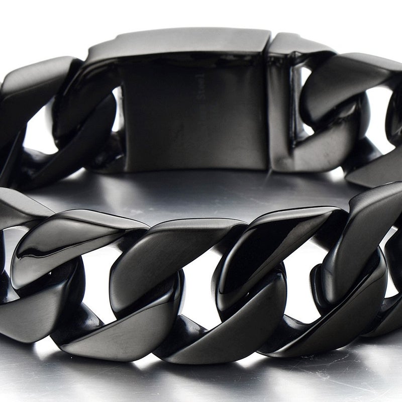 COOLSTEELANDBEYOND Mens Stainless Steel Black Large Curb Chain Link Bracelet Heavy Solid Curb Chain Wristband Polished Finish Durable Biker Punk Rock Jewelry for Men Bold Masculine Fashion Accessory - Image 2