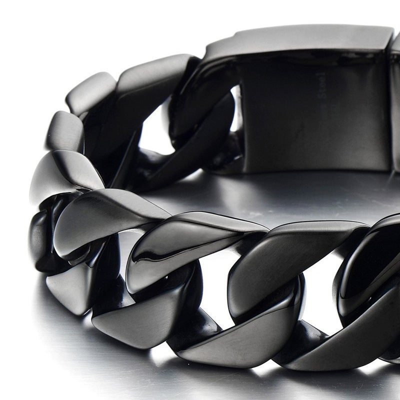 COOLSTEELANDBEYOND Mens Stainless Steel Black Large Curb Chain Link Bracelet Heavy Solid Curb Chain Wristband Polished Finish Durable Biker Punk Rock Jewelry for Men Bold Masculine Fashion Accessory - Image 3