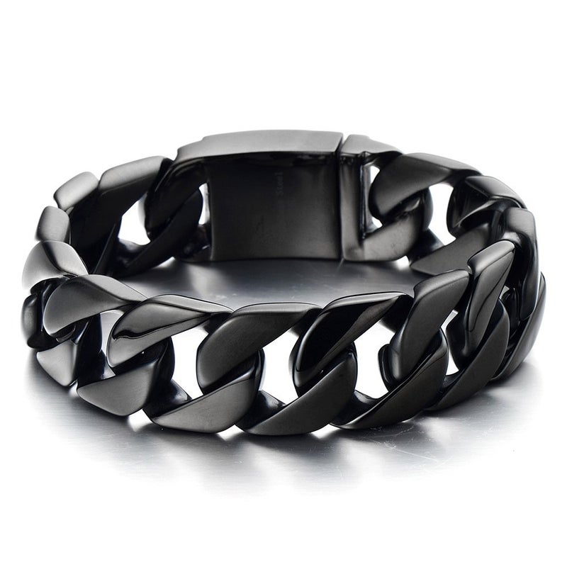 COOLSTEELANDBEYOND Mens Stainless Steel Black Large Curb Chain Link Bracelet Heavy Solid Curb Chain Wristband Polished Finish Durable Biker Punk Rock Jewelry for Men Bold Masculine Fashion Accessory - Image 1