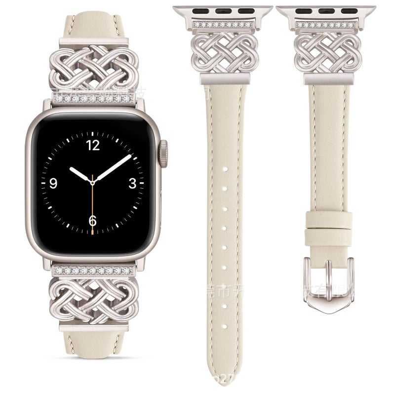 سوار ساعة ذكية سوار جلدي كلاسيكي متوافق باللون Starlight قابل للتعديل مع Apple Watch 38/40/41/42/44/45/49mm بملاءمة قابلة للتعديل وحزام بديل - Image 1