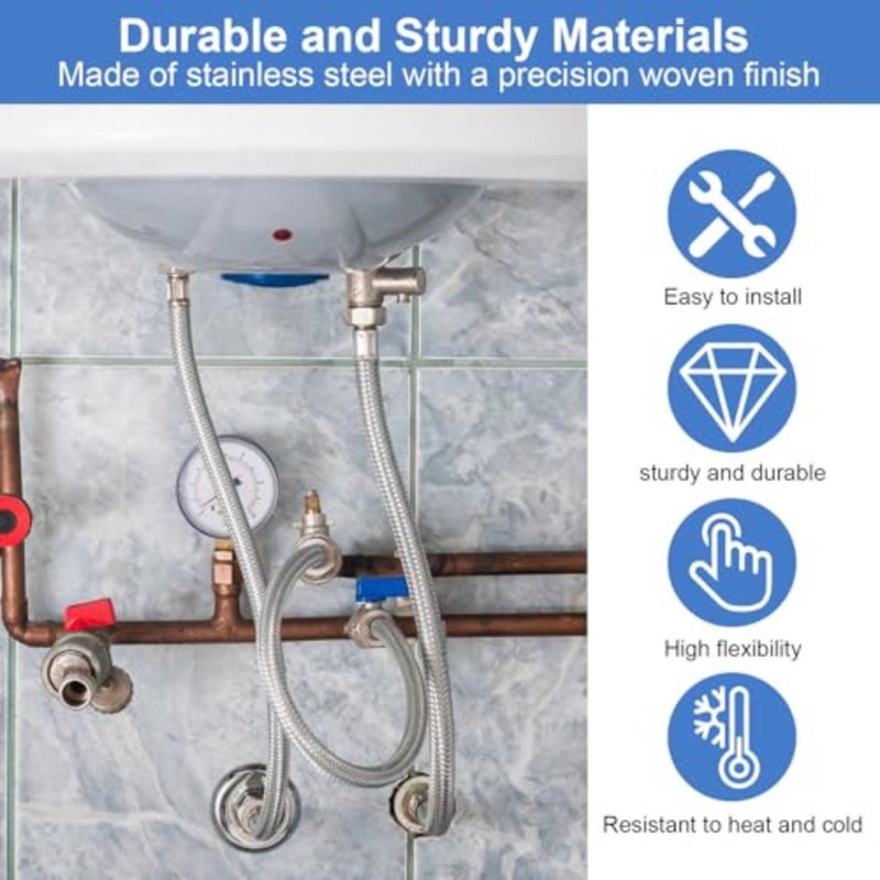 Flexible Hose 3/8 Inch 2 Pack Set, Stainless Steel Braided Water Connection Extension Hose, Long and Short Lengths 30cm 20cm, for Faucet Bathroom Toilet, Leak Proof, Corrosion Resistant - Image 4