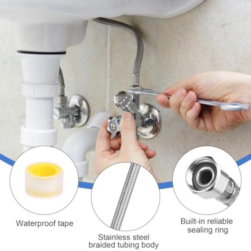 Flexible Hose 3/8 Inch 2 Pack Set, Stainless Steel Braided Water Connection Extension Hose, Long and Short Lengths 30cm 20cm, for Faucet Bathroom Toilet, Leak Proof, Corrosion Resistant - Image 3