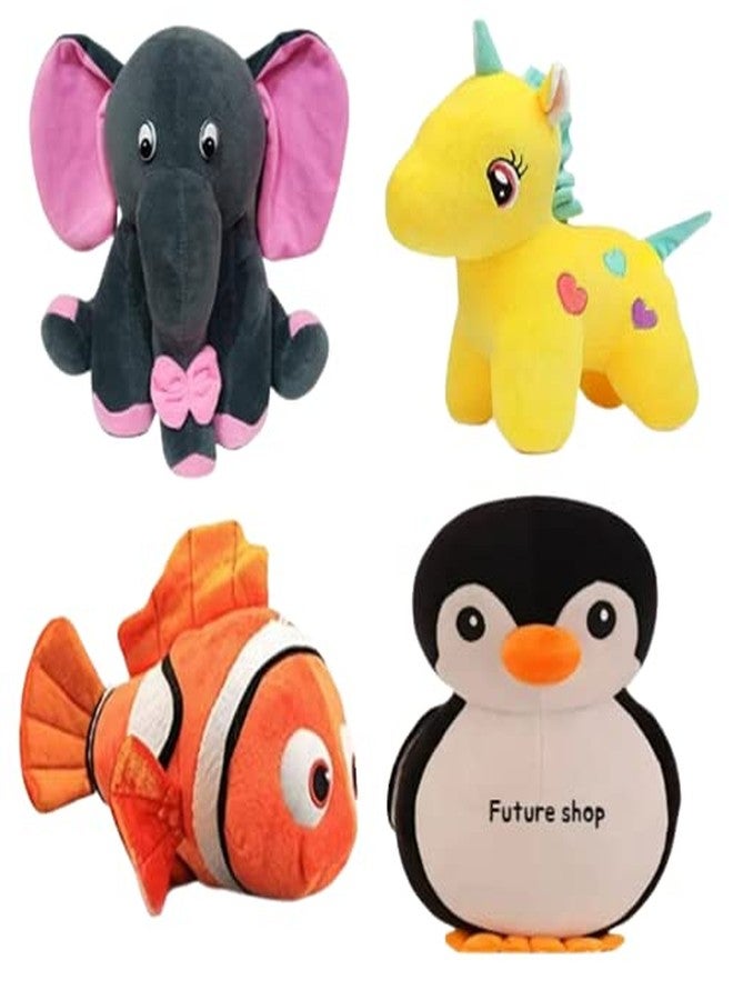 Future Shop Pack of 4 Elegant Soft Toys Combo Set Grey Appu Elephant, Penguin, Fish & Yellow Unicorn Toy Animals for Kids/Girls/Boys - 30 cm (Multicolor) - Image 1