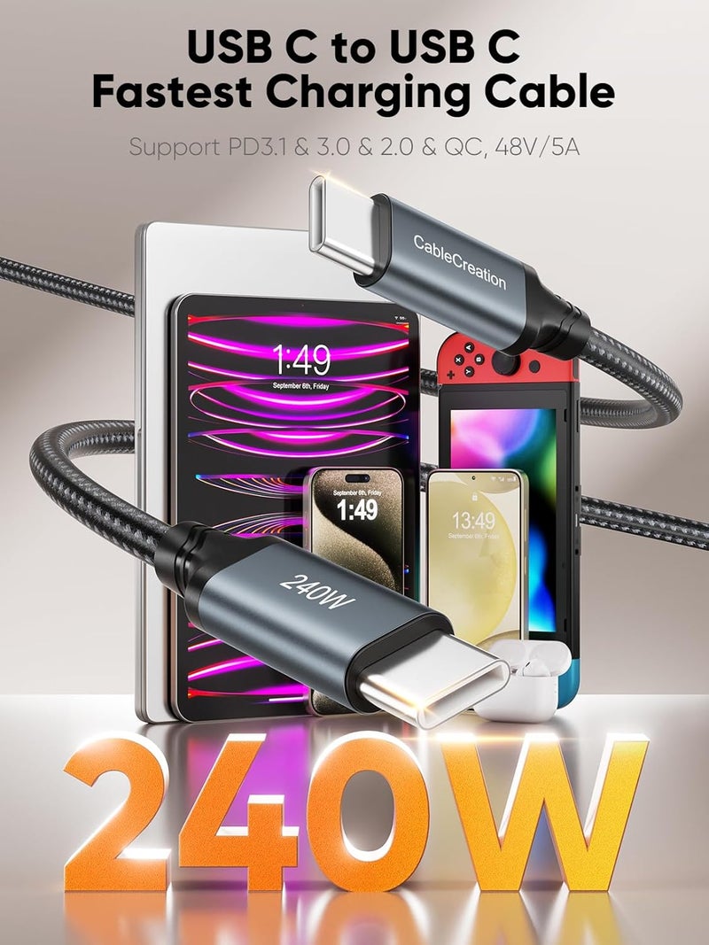 كابل CableCreation USB-C إلى USB-C بقدرة 240 واط وطول 3 أقدام للشحن السريع لـ iPhone 15 | كابل شحن سريع بقدرة 240 واط كحد أقصى، يدعم 100 واط و60 واط، مناسب لـ iPhone 15 و MacBook و iPad وسلسلة Galaxy S22 S23 S24 - Image 2