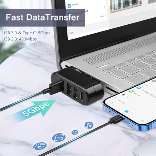 VIENON 4-Port USB 3.0 Hub [90°/180° Degree Rotatable], USB Splitter with PD-in 5W USB C Port, USB Extender for Laptop, Car, iMac, MacBook Air, MacBook Pro, and More - Image 4