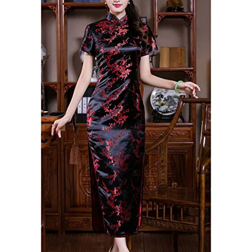 STIOEDYUAN Women Cheongsam Long Dress Evening Short Sleeve Slim Fit Maxi Dress Floral Faux Silk Stand Collar Bodycon Qipao (US, Alpha, X-Small, Black Flower) - Image 3