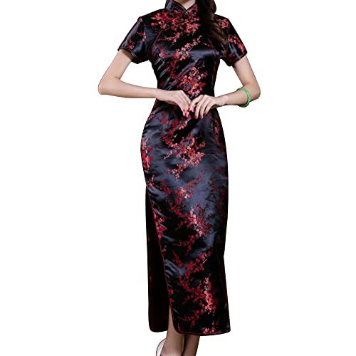 STIOEDYUAN Women Cheongsam Long Dress Evening Short Sleeve Slim Fit Maxi Dress Floral Faux Silk Stand Collar Bodycon Qipao (US, Alpha, X-Small, Black Flower) - Image 1