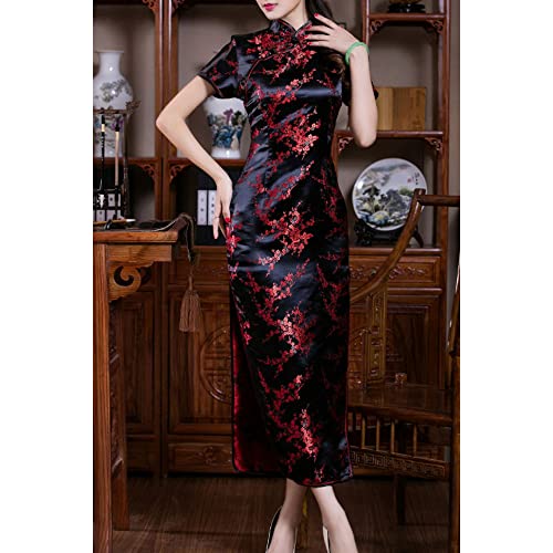 STIOEDYUAN Women Cheongsam Long Dress Evening Short Sleeve Slim Fit Maxi Dress Floral Faux Silk Stand Collar Bodycon Qipao (US, Alpha, X-Small, Black Flower) - Image 2