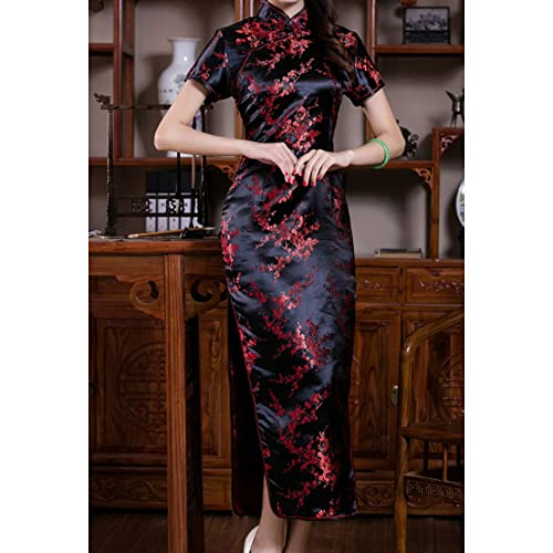STIOEDYUAN Women Cheongsam Long Dress Evening Short Sleeve Slim Fit Maxi Dress Floral Faux Silk Stand Collar Bodycon Qipao (US, Alpha, X-Small, Black Flower) - Image 5