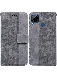 HuHa Case Cover For Realme C15 Geometric Embossed Leather Phone Case Grey 