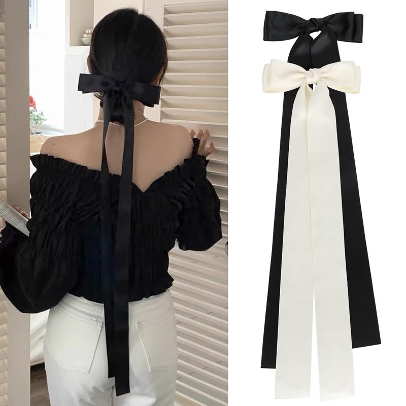 NAISIER Silky Satin Hair Bows, Clips, and Ponytail Holders - Oversized, Long-tail Aesthetic Hair Accessories for Girls and Women. BLACK&WHITE 
