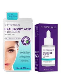SKIN REPUBLIC Hyaluronic Acid + Collagen Face Mask + Skin Republic Hyaluronic Acid 1% + Niacinamide Face Serum 30ml  - Image 1