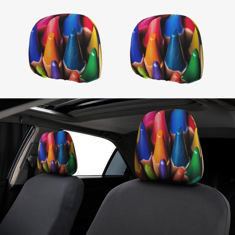 2 Pack Universal Car Headrest Covers Soft Breathable Elastic Protector Crayons Color - Image 2