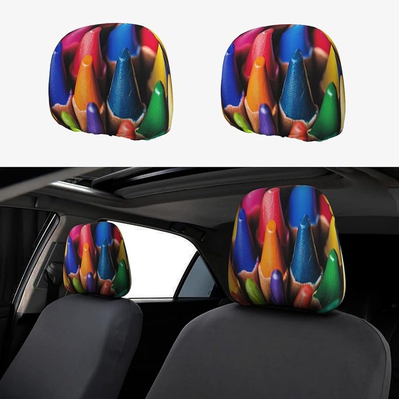 2 Pack Universal Car Headrest Covers Soft Breathable Elastic Protector Crayons Color - Image 1