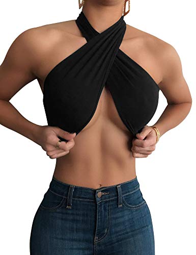 Mokoru Women's Sexy Sleeveless Halter Criss Cross Tank Crop Tops Self Tie Backless Cami, S/M, Black - Image 1