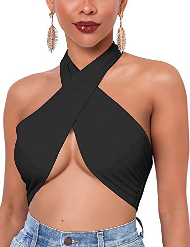Mokoru Women's Sexy Sleeveless Halter Criss Cross Tank Crop Tops Self Tie Backless Cami, S/M, Black - Image 2