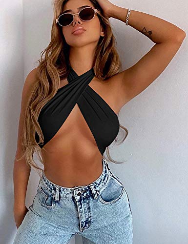 Mokoru Women's Sexy Sleeveless Halter Criss Cross Tank Crop Tops Self Tie Backless Cami, S/M, Black - Image 5