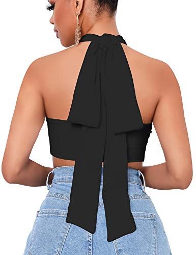 Mokoru Women's Sexy Sleeveless Halter Criss Cross Tank Crop Tops Self Tie Backless Cami, S/M, Black - Image 4