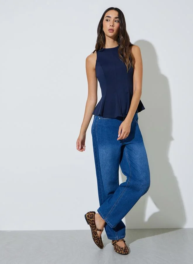 ستايلي Navy Blue Solid Sleeveless Peplum Blouse