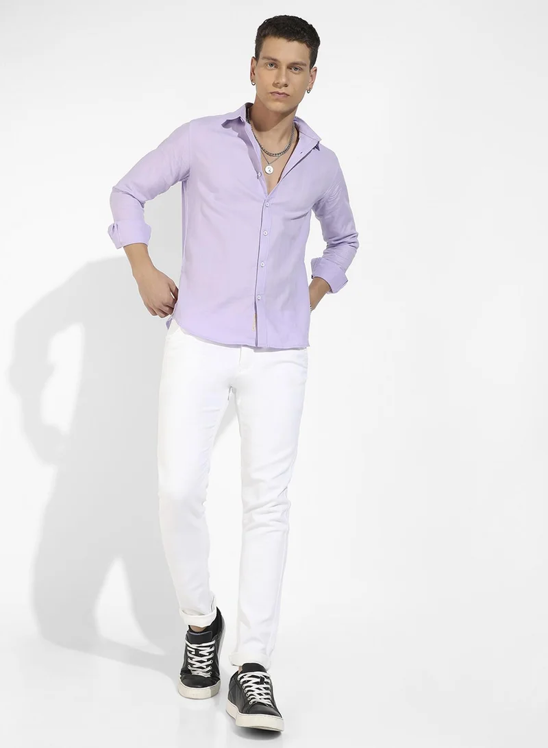 كامبوس سوترا Men's Lavender Self-Design Striped Shirt
