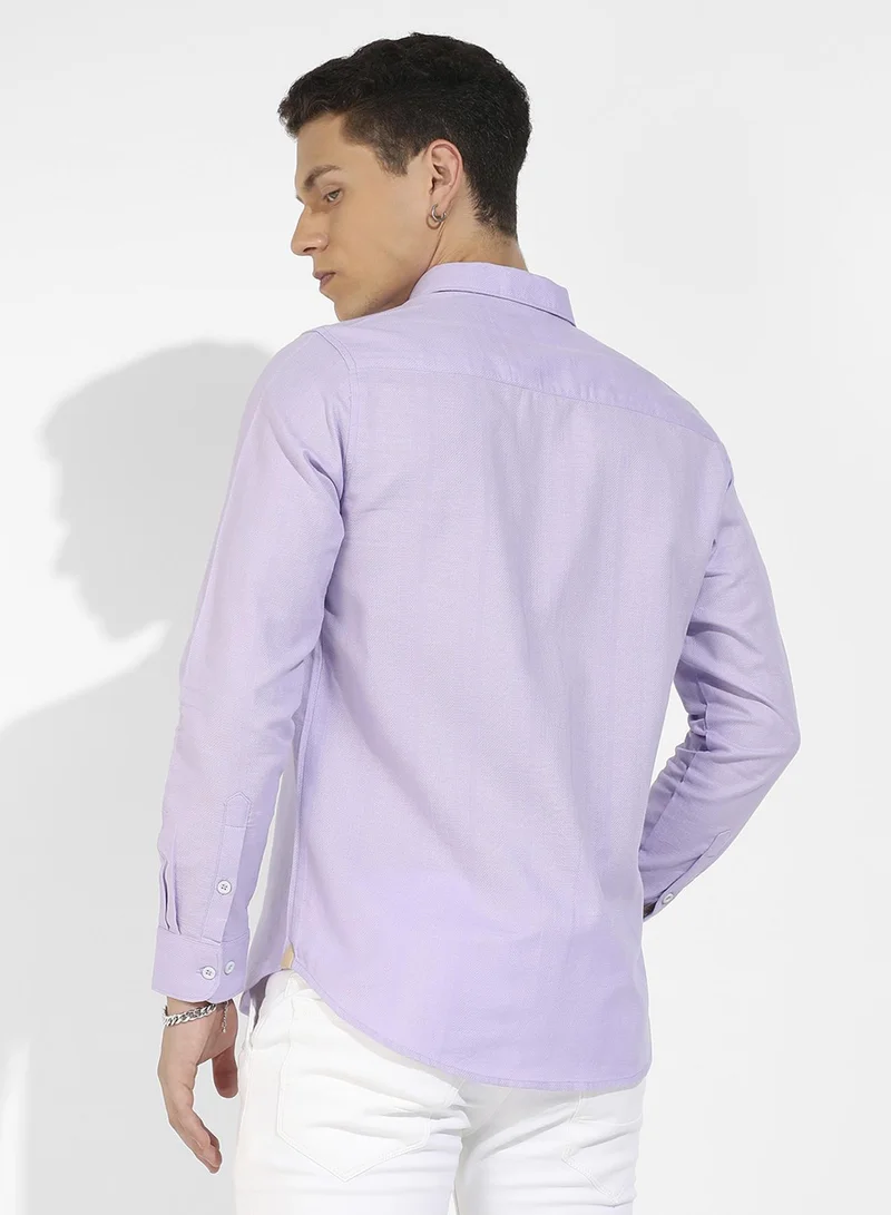 كامبوس سوترا Men's Lavender Self-Design Striped Shirt