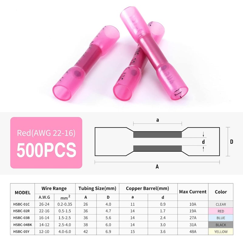 VAMRONE Heat Shrink Butt Connectors, 500Pcs 22-16 AWG Red Insulated Waterproof Electrical Wire Connectors Automotive Marine Grade Wire Crimp Terminals Butt Splices, Ideal for Boat, Truck, Stereo - Red - Image 2