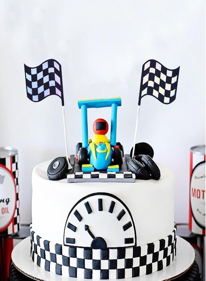 Ysqool 24Pcs Checkered Flag Cake Toppers,Glitter Race Car Cake Picks, Black and White Racing Flags Cake Decorations for Men Kids Boys Race Car Theme Birthday Party Supplies - Image 4