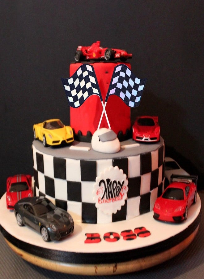 Ysqool 24Pcs Checkered Flag Cake Toppers,Glitter Race Car Cake Picks, Black and White Racing Flags Cake Decorations for Men Kids Boys Race Car Theme Birthday Party Supplies - Image 5