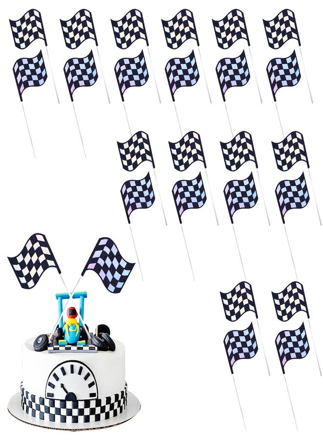 Ysqool 24Pcs Checkered Flag Cake Toppers,Glitter Race Car Cake Picks, Black and White Racing Flags Cake Decorations for Men Kids Boys Race Car Theme Birthday Party Supplies - Image 1