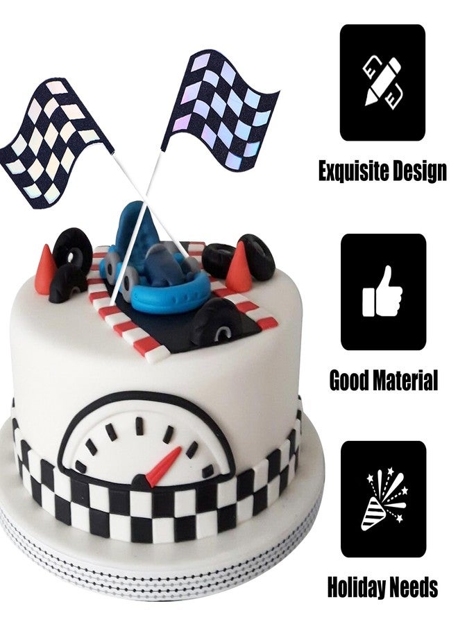 Ysqool 24Pcs Checkered Flag Cake Toppers,Glitter Race Car Cake Picks, Black and White Racing Flags Cake Decorations for Men Kids Boys Race Car Theme Birthday Party Supplies - Image 3