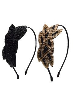 Suoirblss 2 Pcs Handmade Beaded Leaf Headband Vintage Rhinestone Hairband Hairband Headwear Accessories For Women Lady Girls (Black Gold + Black)  - Image 1