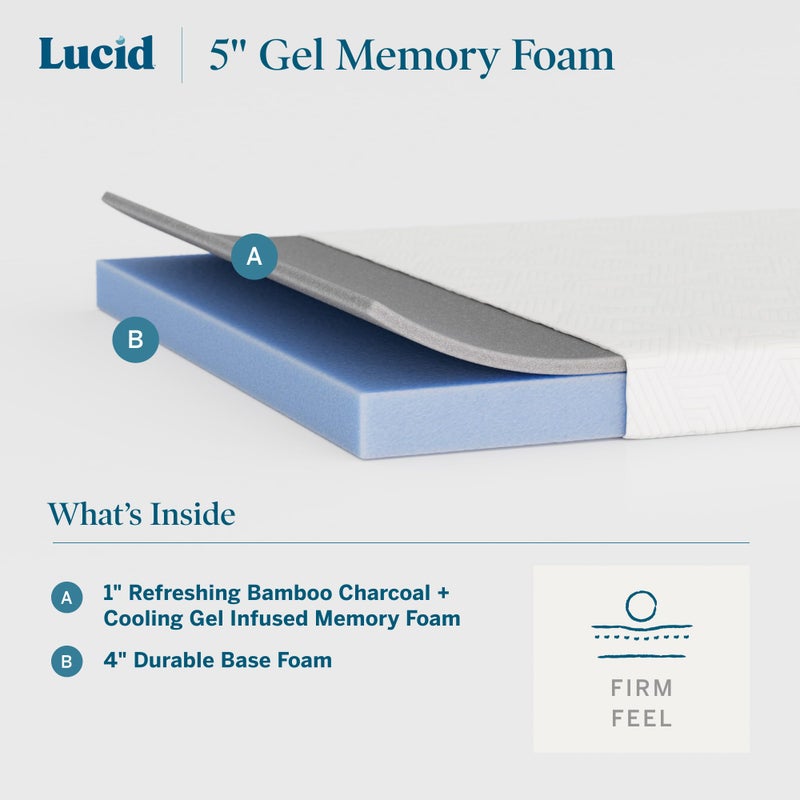 Lucid 5 Inch Memory Foam Mattress â€“ Low Profile - Firm Feel - Infused with Bamboo Charcoal and Gel - Bed in a Box - Temperature Regulating - Breathable - Twin XL Size - Image 2