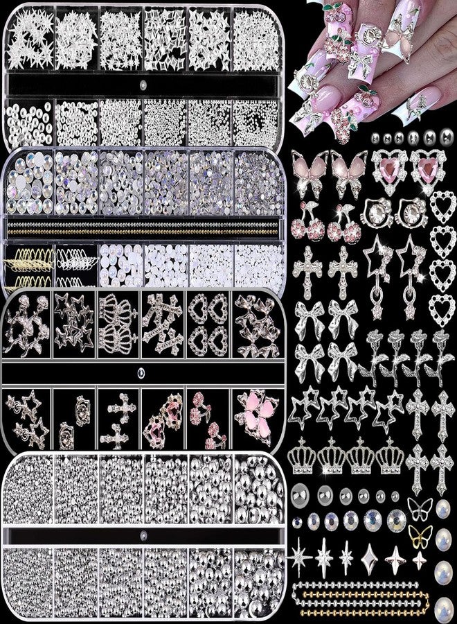 KACHIMOO Silver Nail Charms and Gems,Pink Nail Art Charms 4 Boxes Nail Gems Nail Pearls 3D Butterfly Cherry Heart Star Bow Flower Dollar Cross Nail Rhinestones,3D Nail Art Charms for Nails Design - Image 1