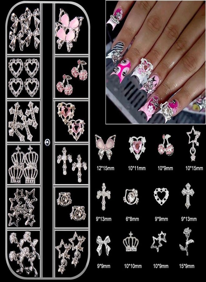KACHIMOO Silver Nail Charms and Gems,Pink Nail Art Charms 4 Boxes Nail Gems Nail Pearls 3D Butterfly Cherry Heart Star Bow Flower Dollar Cross Nail Rhinestones,3D Nail Art Charms for Nails Design - Image 2