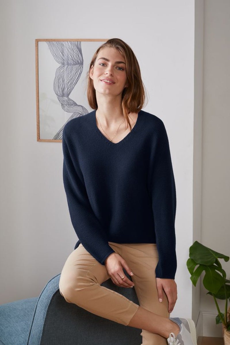 Tchibo Women V-neck Textured Sweater, Navy - Image 1