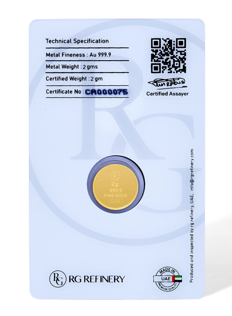 Rafmoh Bullion 2 Gram 24k Gold Coin with Diamond Design - 2 Grams Gold Coin 24KT 999.9 Purity