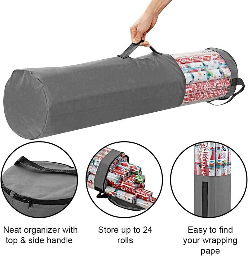 ProPik Gift Wrapping Paper Storage Organizer Bag, Store Up To 25 Rolls 40 Inch, Heavy Duty Polyester plus PVC Clear Bag With Handles And Zippered Top For Holiday Gift Wrap And Ribbons (Grey) - Image 2