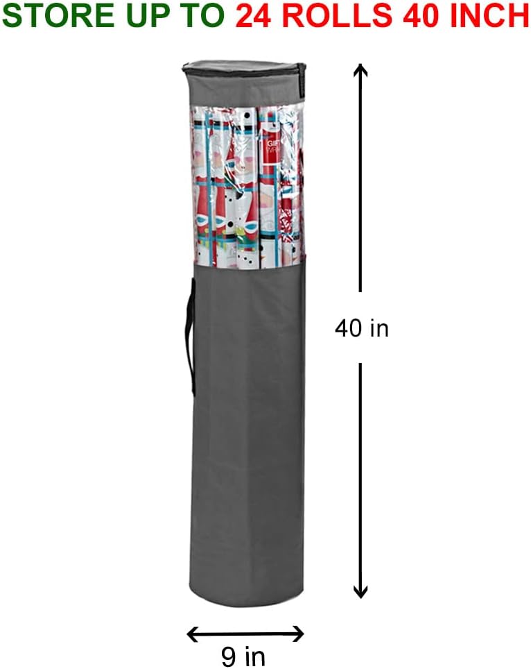 ProPik Gift Wrapping Paper Storage Organizer Bag, Store Up To 25 Rolls 40 Inch, Heavy Duty Polyester plus PVC Clear Bag With Handles And Zippered Top For Holiday Gift Wrap And Ribbons (Grey) - Image 3